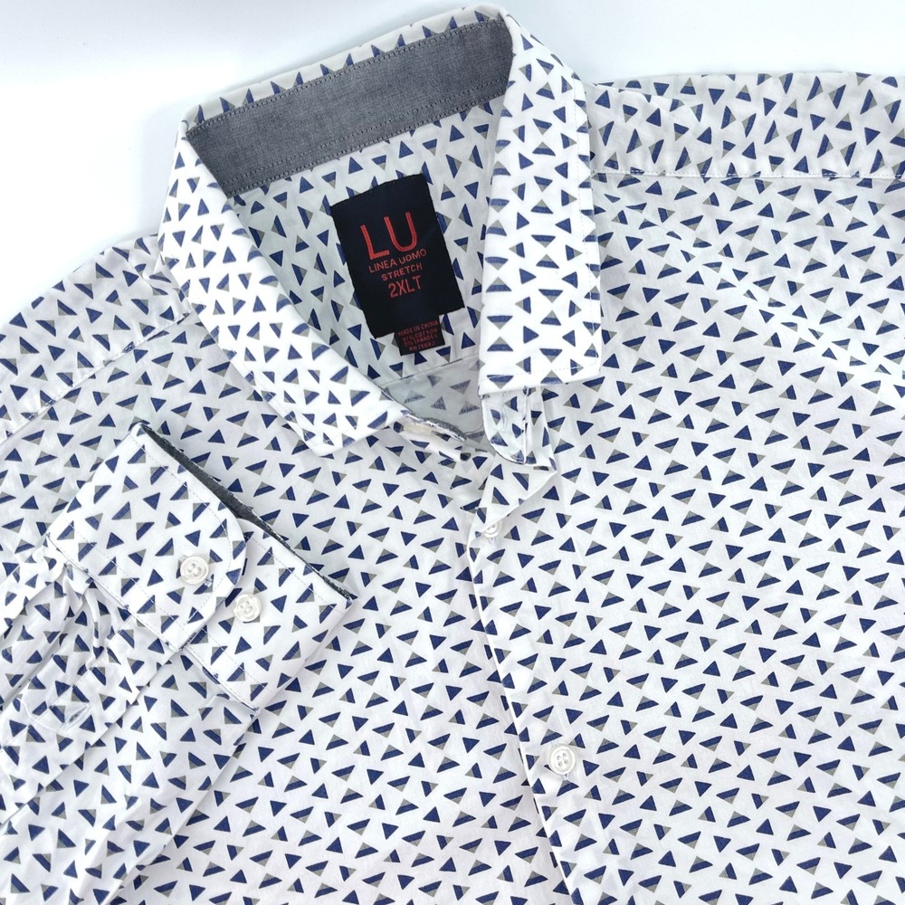 LU Linea Uomo Stretch Men's Button Down Shirt 2XLT Blue Triangle Pattern